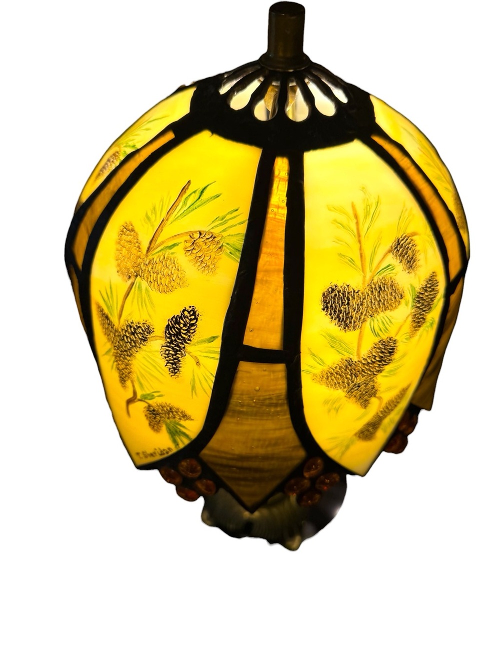 Slag glass table lamp/“pinecone"/“woodland" motif Signed by T. Sheridan - Picture 4 of 5